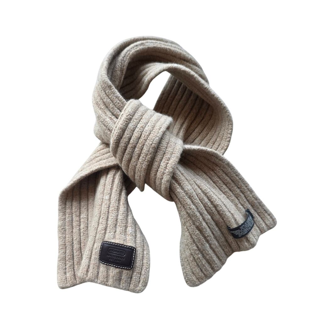 Coach Ribbed Wool Blend Knit Scarf Beige Leather Patch
